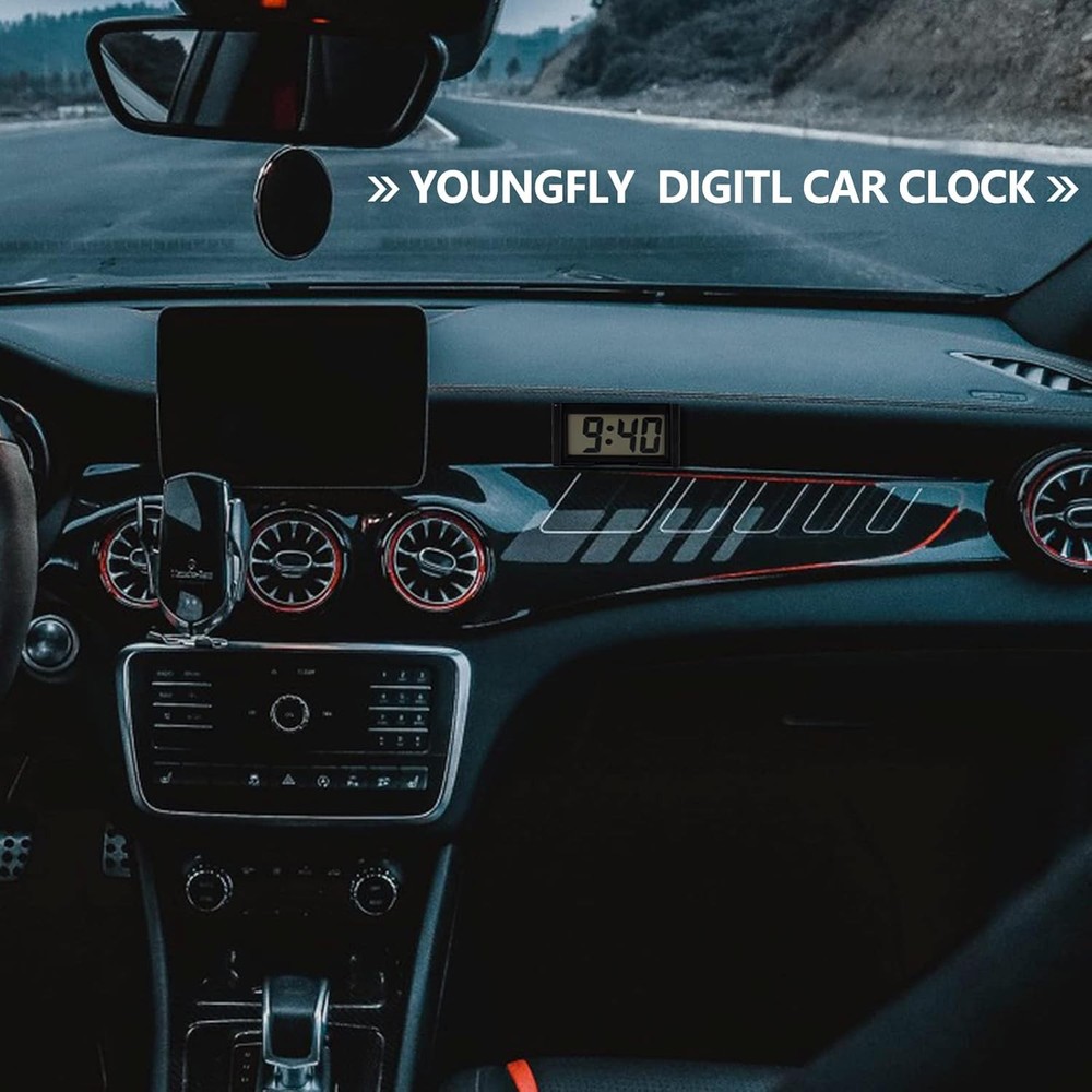 YOUNGFLY Small Digital Clock, Mini Car Dashboard Clock Battery Operated, Black