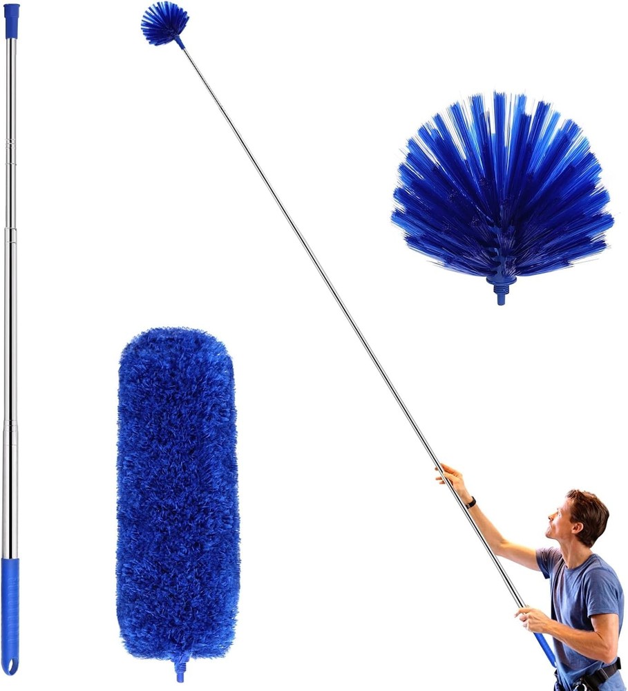 Extending Cobweb Duster Kit with 2 Washable Heads & Telescoping Pole in Blue