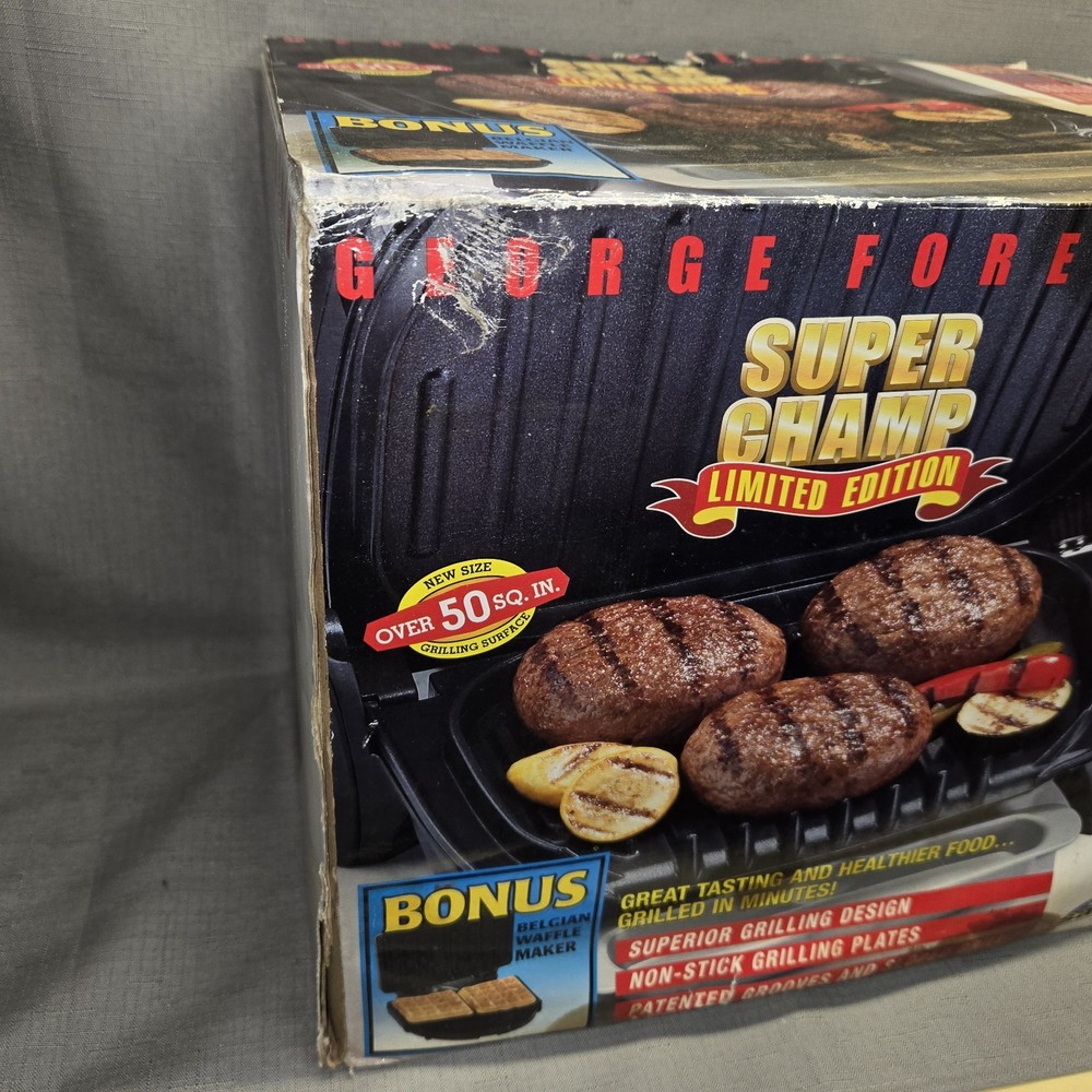 NOS New 2002 George Foreman SUPER CHAMP Grilling Machine & Belgian Waffle Maker