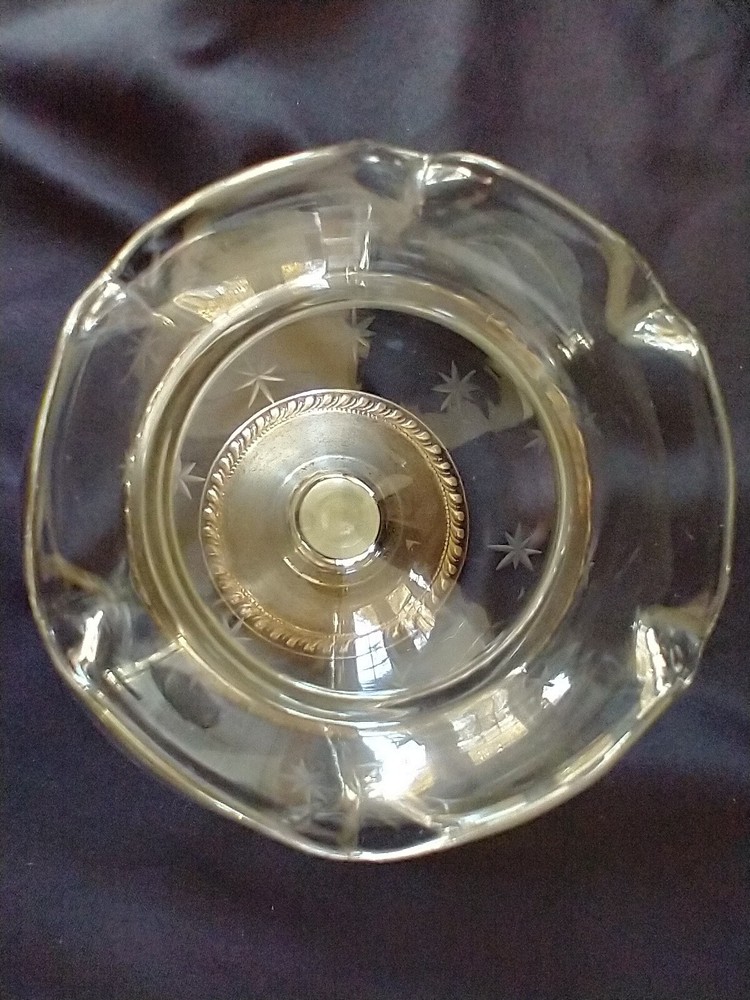 MCM Etched Glass Dish with Weighted Sterling Base Star Etchings Atomic