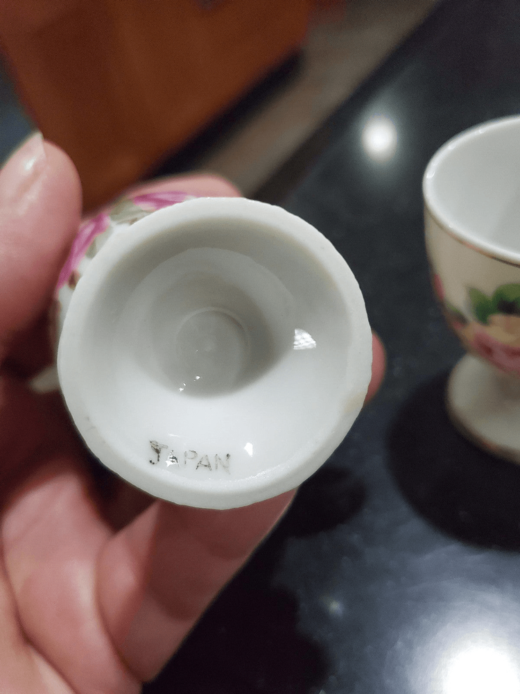 vintage Japan china egg cups w/ pink rose pattern