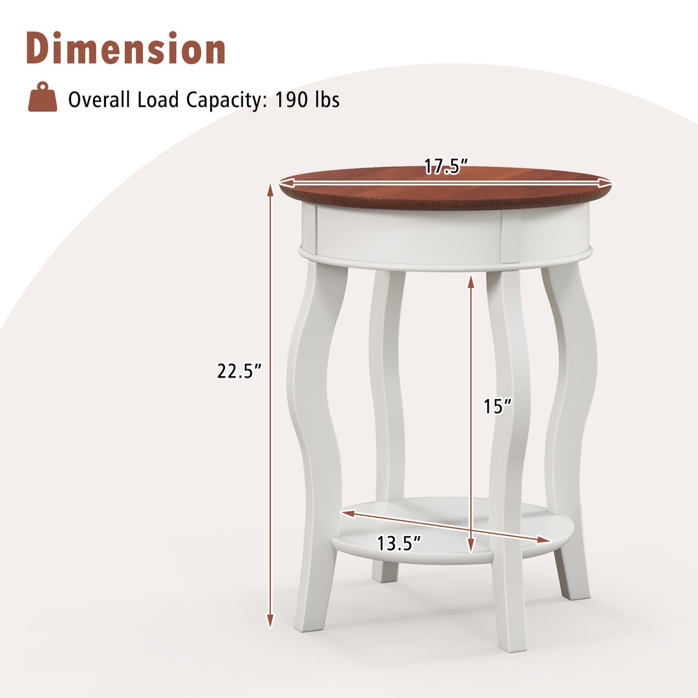 2-Tier Round End Table 17.5" Sofa Side Table with Storage Shelf White & Walnut