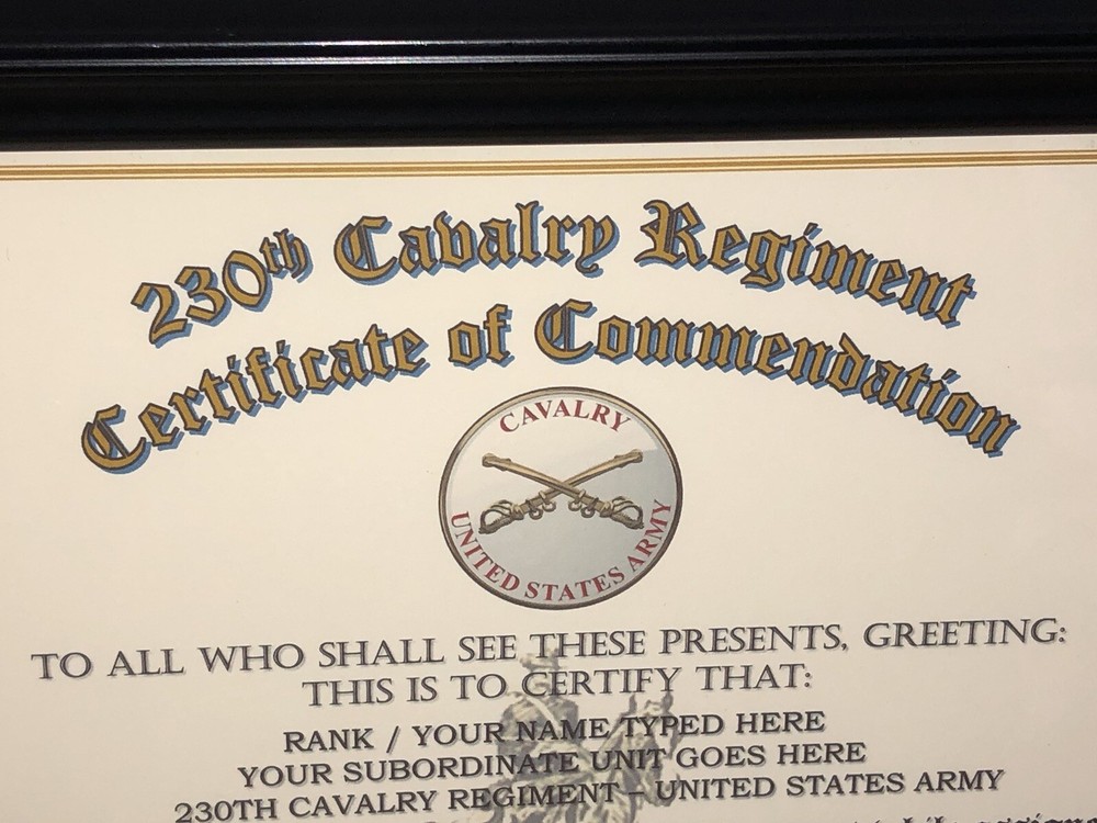 230TH U.S. CAVALRY REGIMENT / COMMEMORATIVE - CERTIFICATE OF COMMENDATION