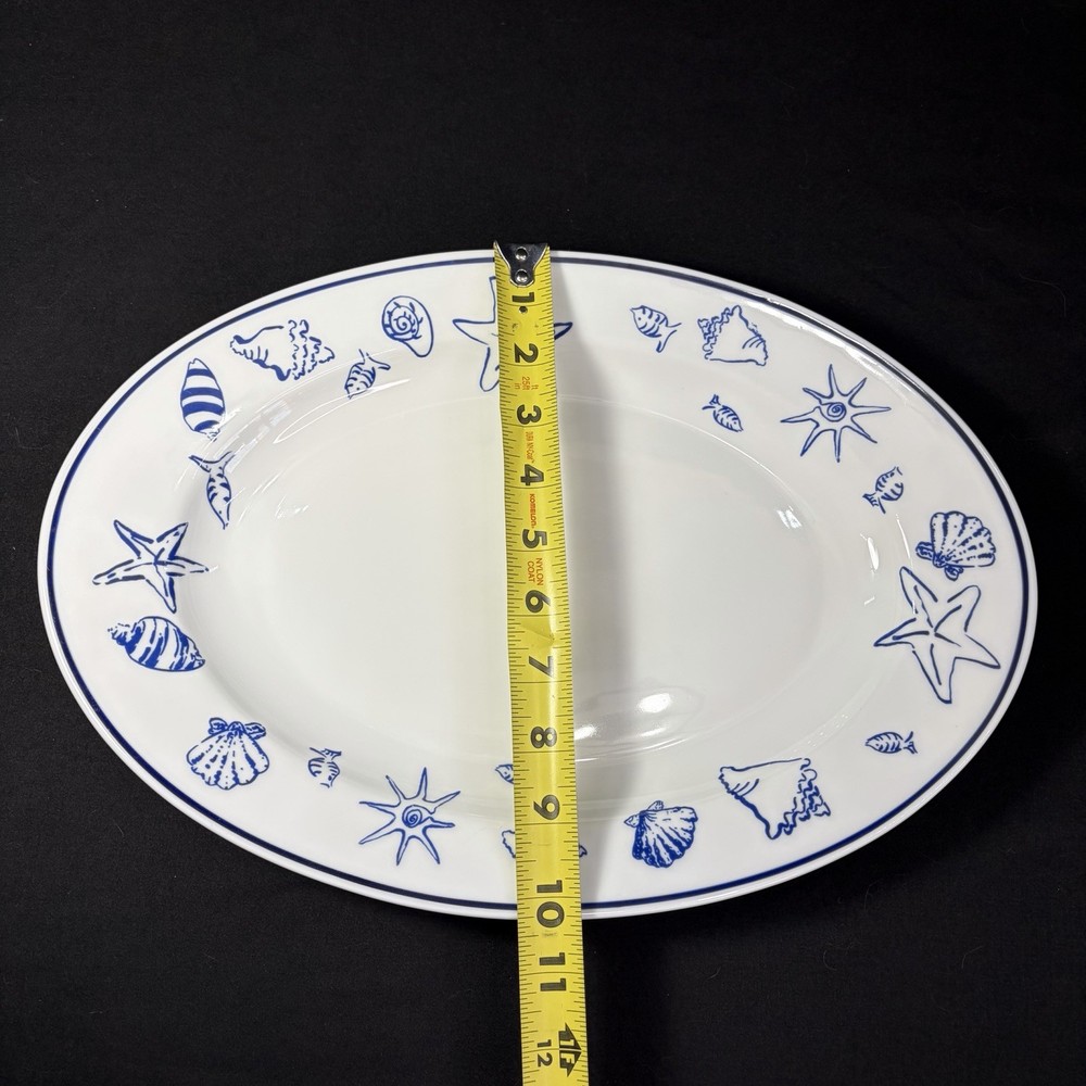 Serving Platter Elliot Bay Pattern White With Blue Seashell Fish & Trim 15”