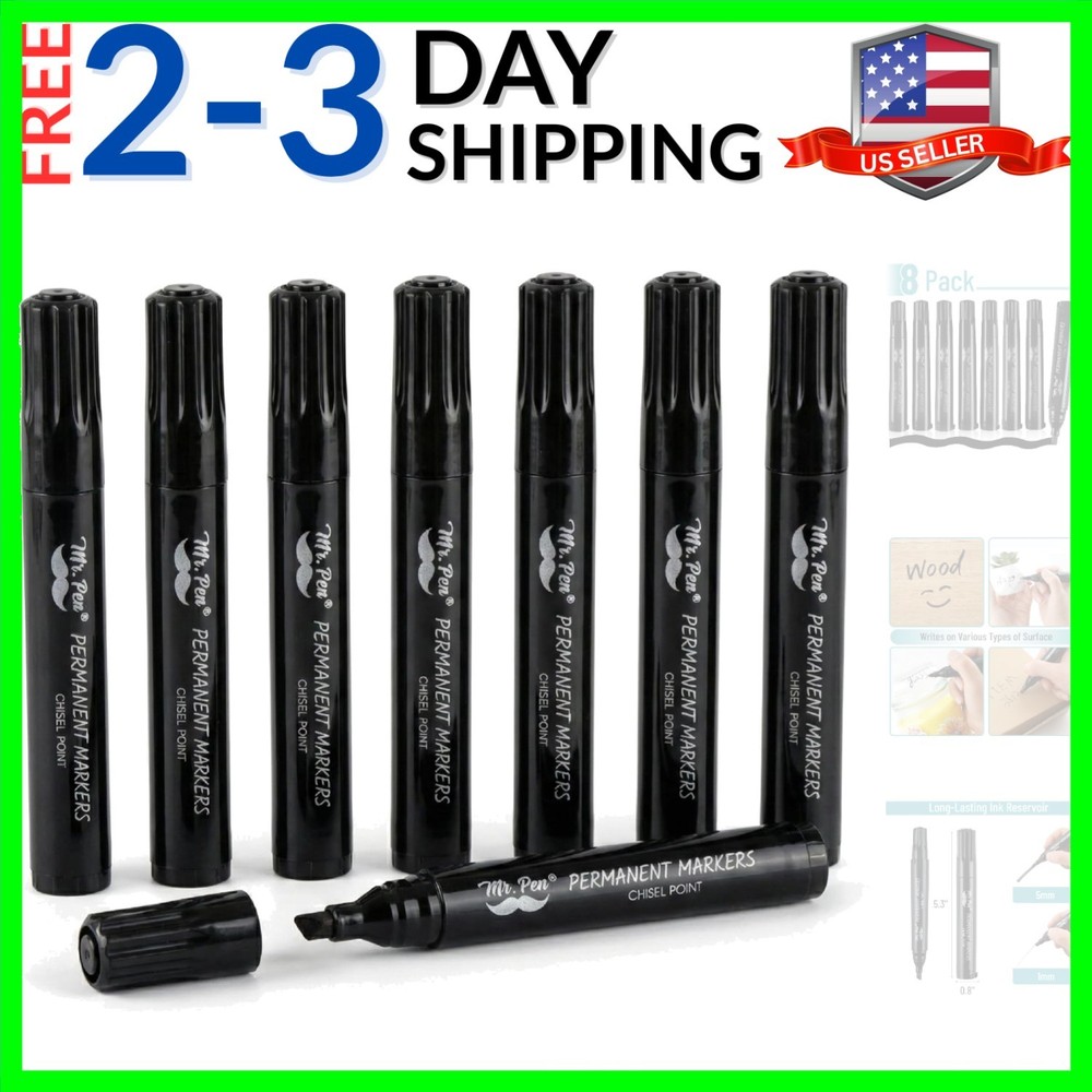 Black Permanent Markers, 8 Pack, Thick Markers, Chisel Tip Permanent Marker C...