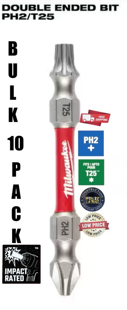 Bulk 10 Pack Milwaukee SHOCKWAVE Impact Rated Double Ended Bits PH2 T25