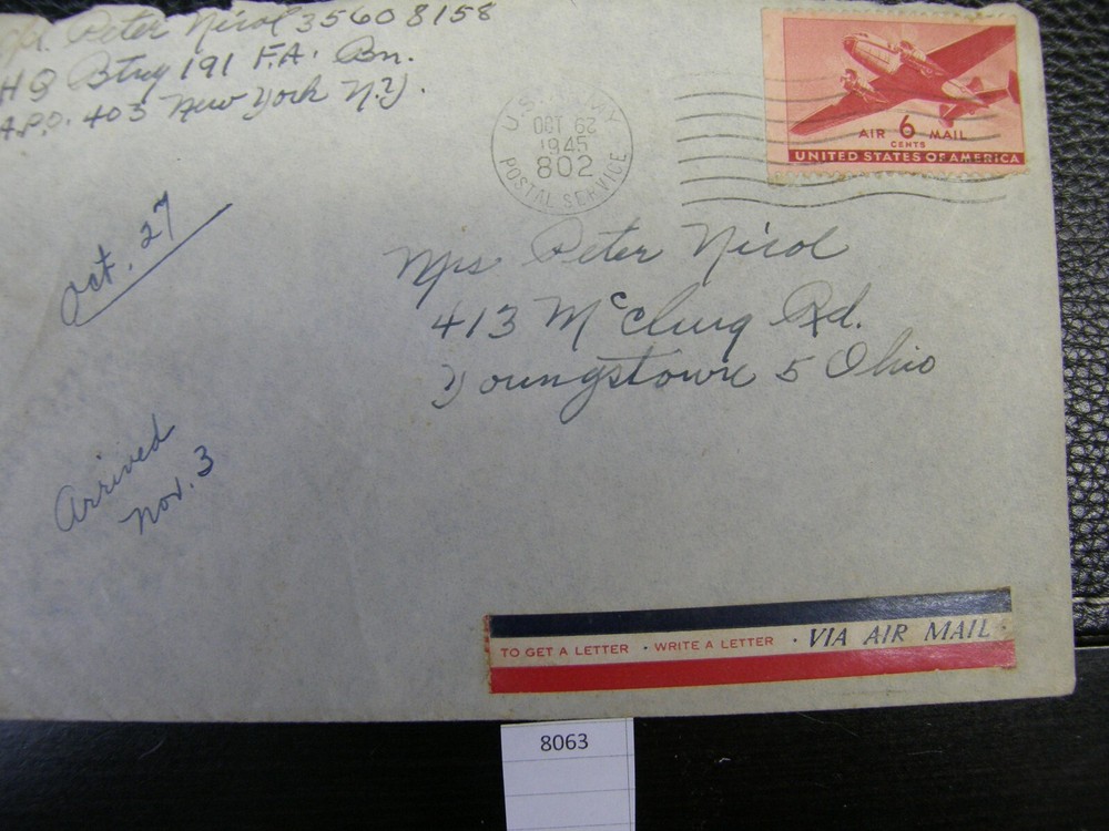 8063) One: 6¢ US Air Mail Postage Stamp Airplane Affixed Envelope 1940's