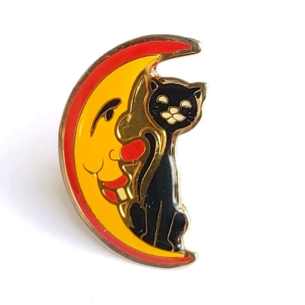 Black Cat Half Moon Pinback Hat Pin