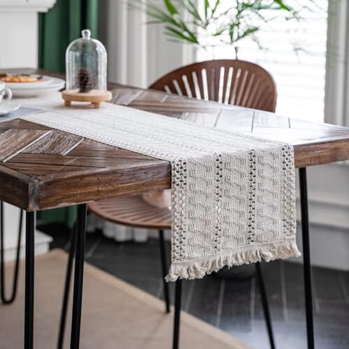 Macrame Table Runner Cream Boho Table Runner with Tassels Hand 12"Wx36"L Beige