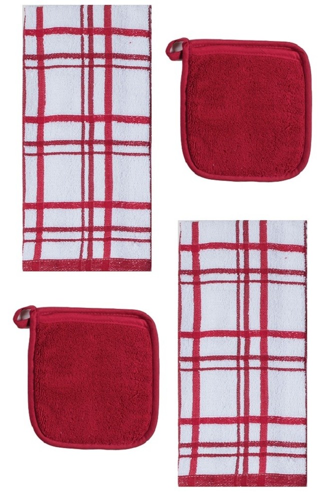 4 Piece Cinnabar Red Kitchen Set, Windowpane Towel and Solid Potholder
