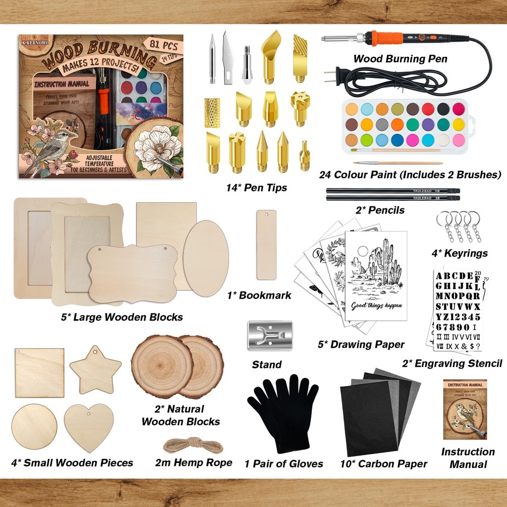 81 PCS Wood Burning Tool Pen Kit Adjustable Temp Beginner Pyrography Craft