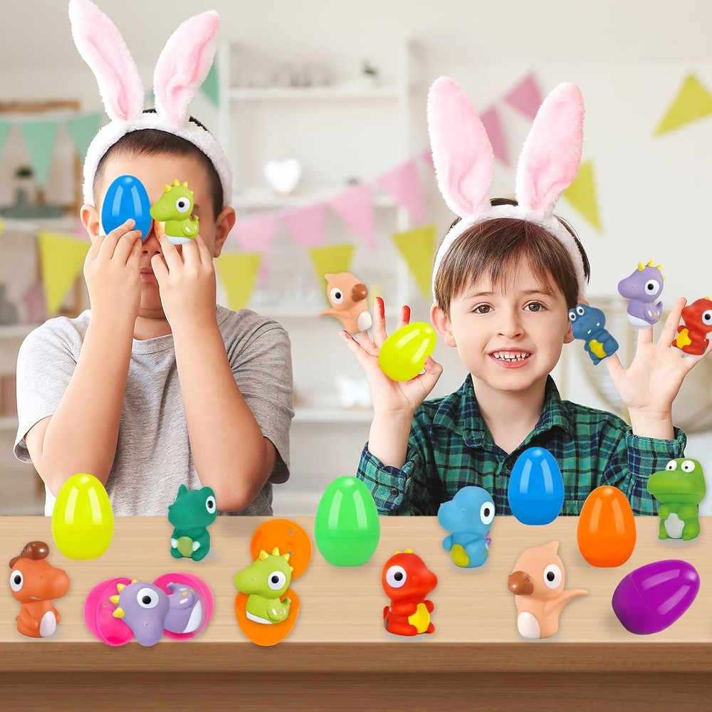 24 PCS Prefilled Easter Eggs with Dinosaur Finger Puppets, Easter Basket Stuffer