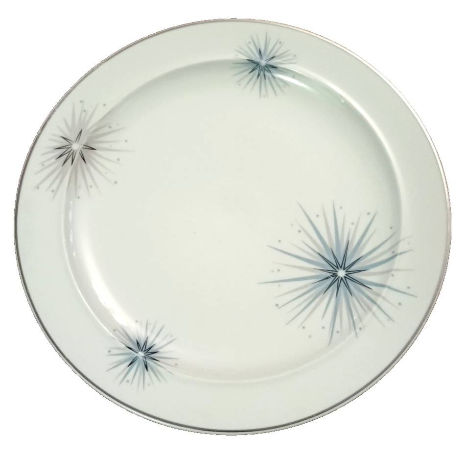 Vtg Easterling Celestial Atomic Blue Starburst 10.5" Dinner Plate MCM Silver rim