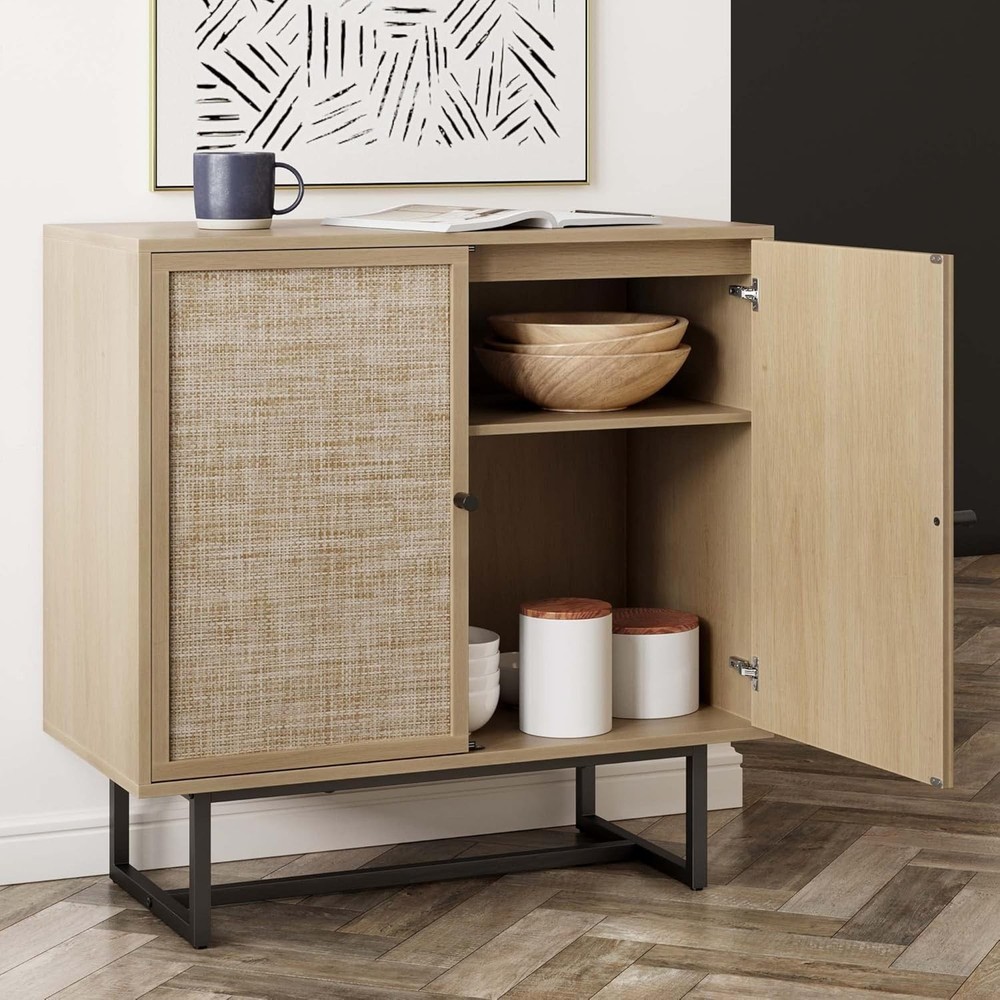 Mid-Century Modern Sideboard in Light Oak & Cane Doors, 2 Adjustable Shelves