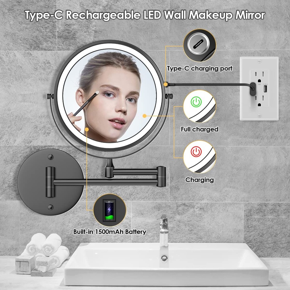 Rechargeable Wall Mounted Lighted Makeup Mirror, 8 Inch Double-Sided LED Vani...