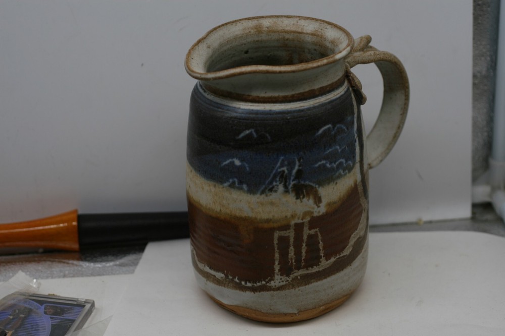 Hand Thrown Pitcher Signed Stokes LIGHTHOUSE Seashells Ice Lip M6