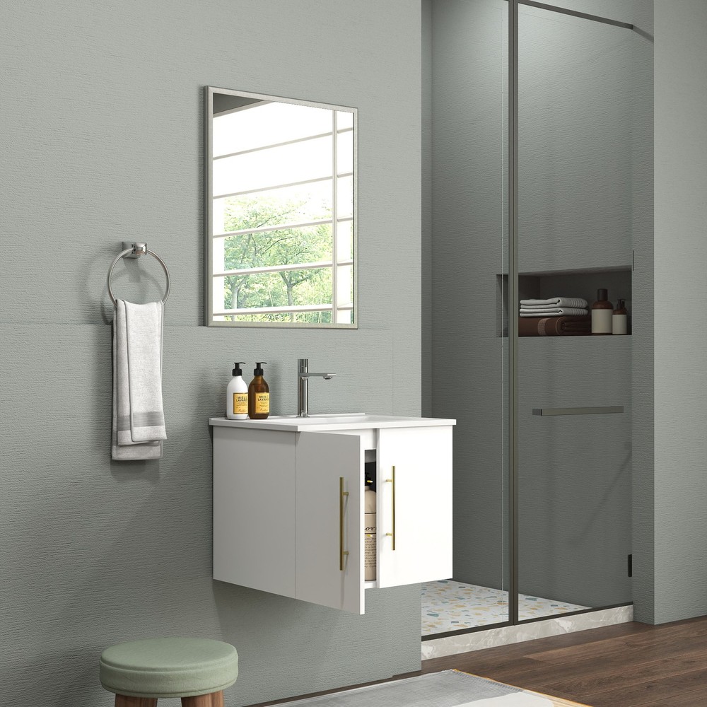 24-Inch Wall-Mounted Bathroom Vanity with Sink and Mirror Combo,Double Doors,Sof
