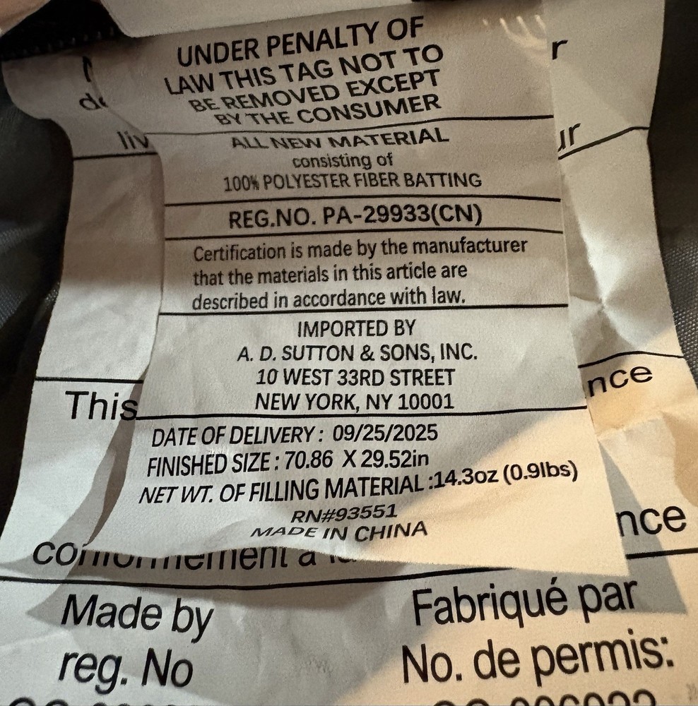 AD Sutton & Sons Black Adult Size Sleeping Bag. Packable