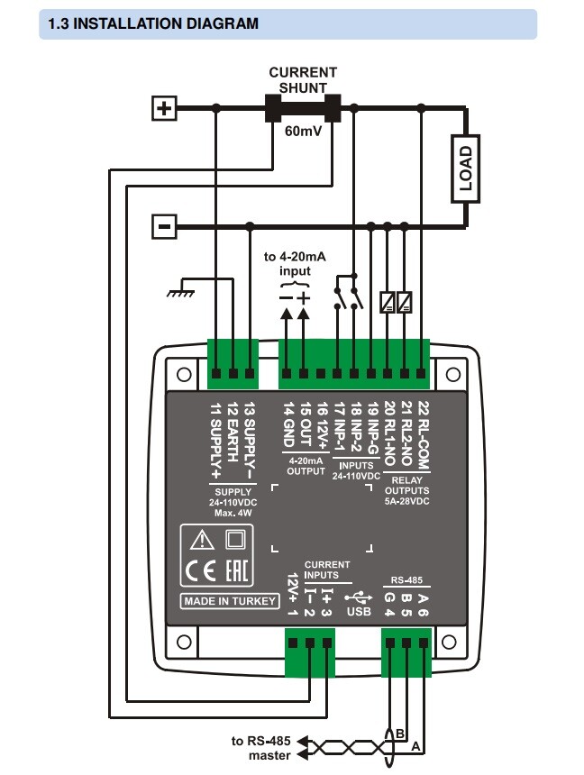 DATAKOM DKM-250 DC Power Meter, 96x96mm, RS-485