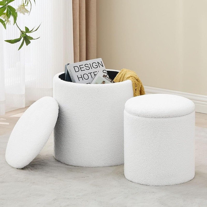 Round Velvet Ottoman Storage Stool Nesting Set Multifunctional Footrest 2-in-1