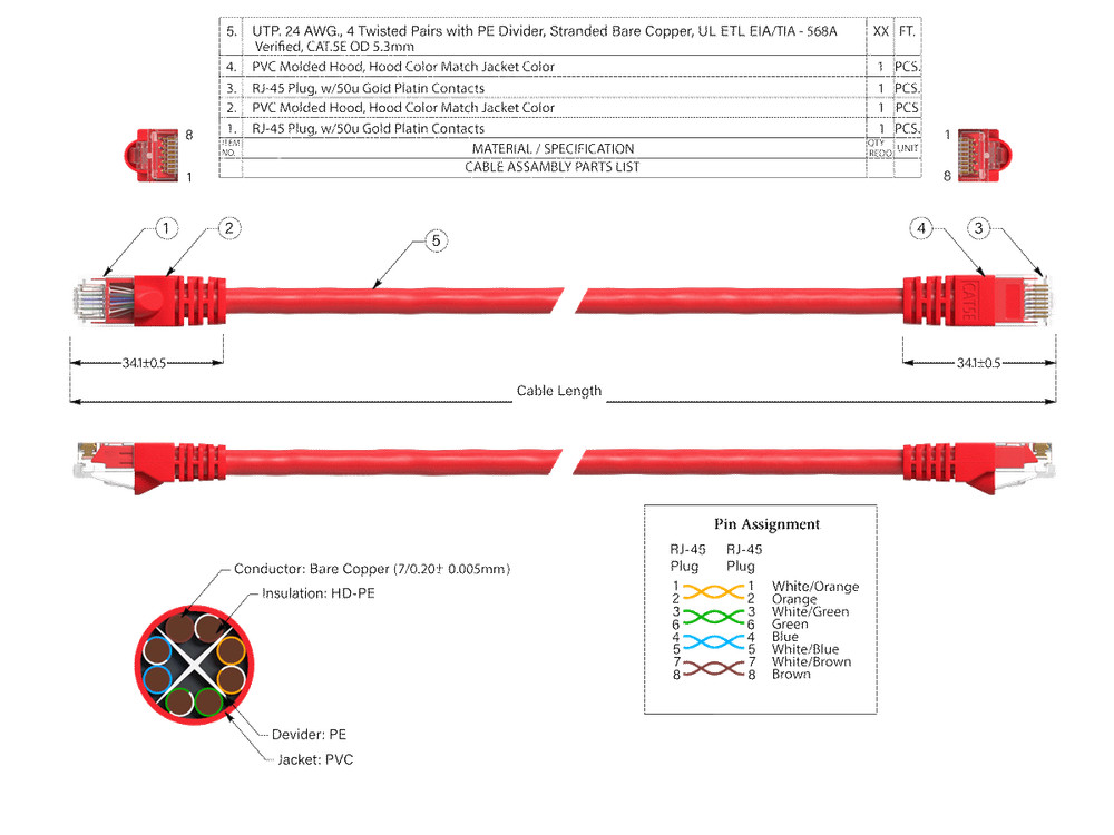 25ft Cat5e UTP Ethernet Network Patch Cable Snagless 24AWG Bare Copper, Red