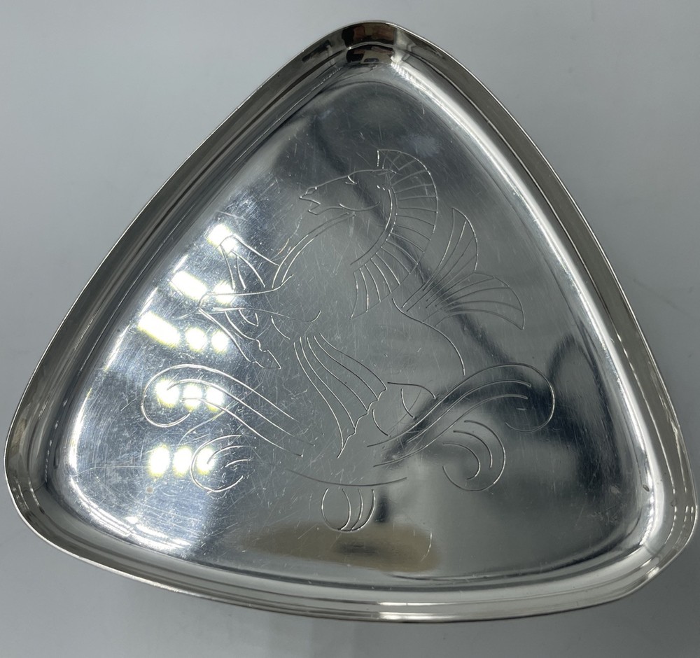 Geoffrey Guy Bellamy Silver Hippocampus Pattern Triangular Dish London 1957