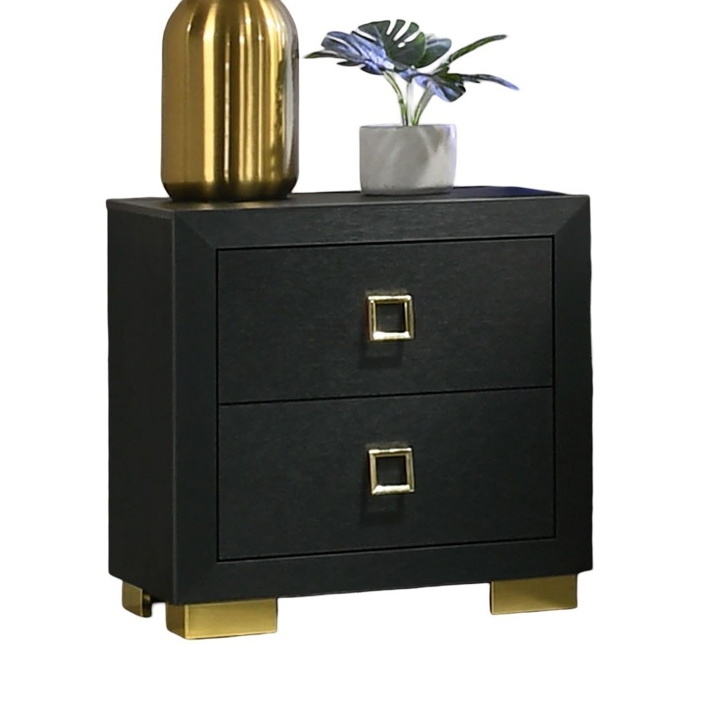 Gorgeous Black 1pc Nightstand Square Pull Handle Metal Legs Bedside Table