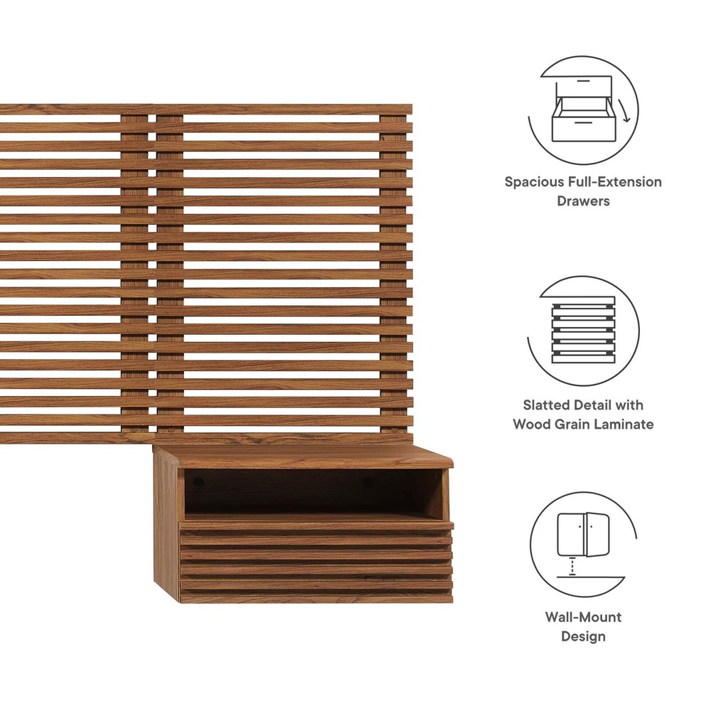 Modway Render Wall Mount King Headboard and Modern Nightstands in Walnut