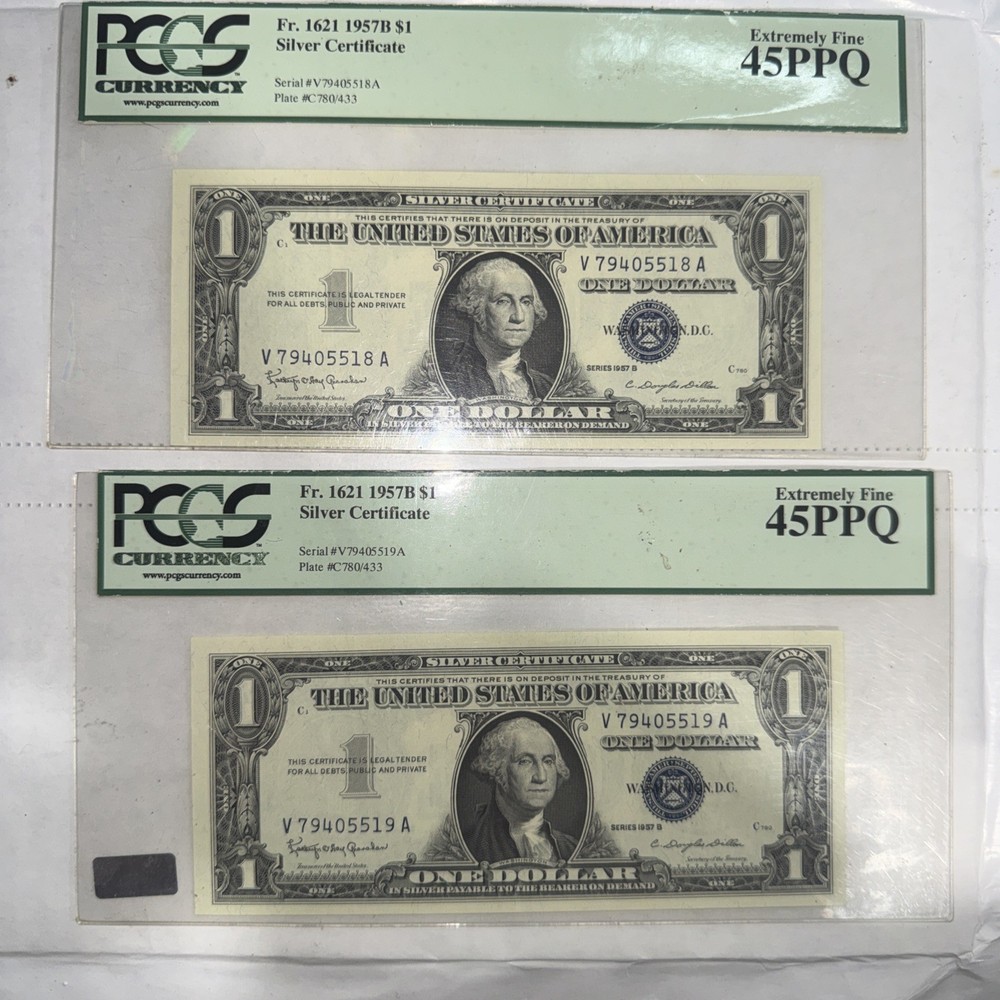 1957B $1 Silver Certificate Sequential Pair PCGS 45 PPQ – Matching Serials!!