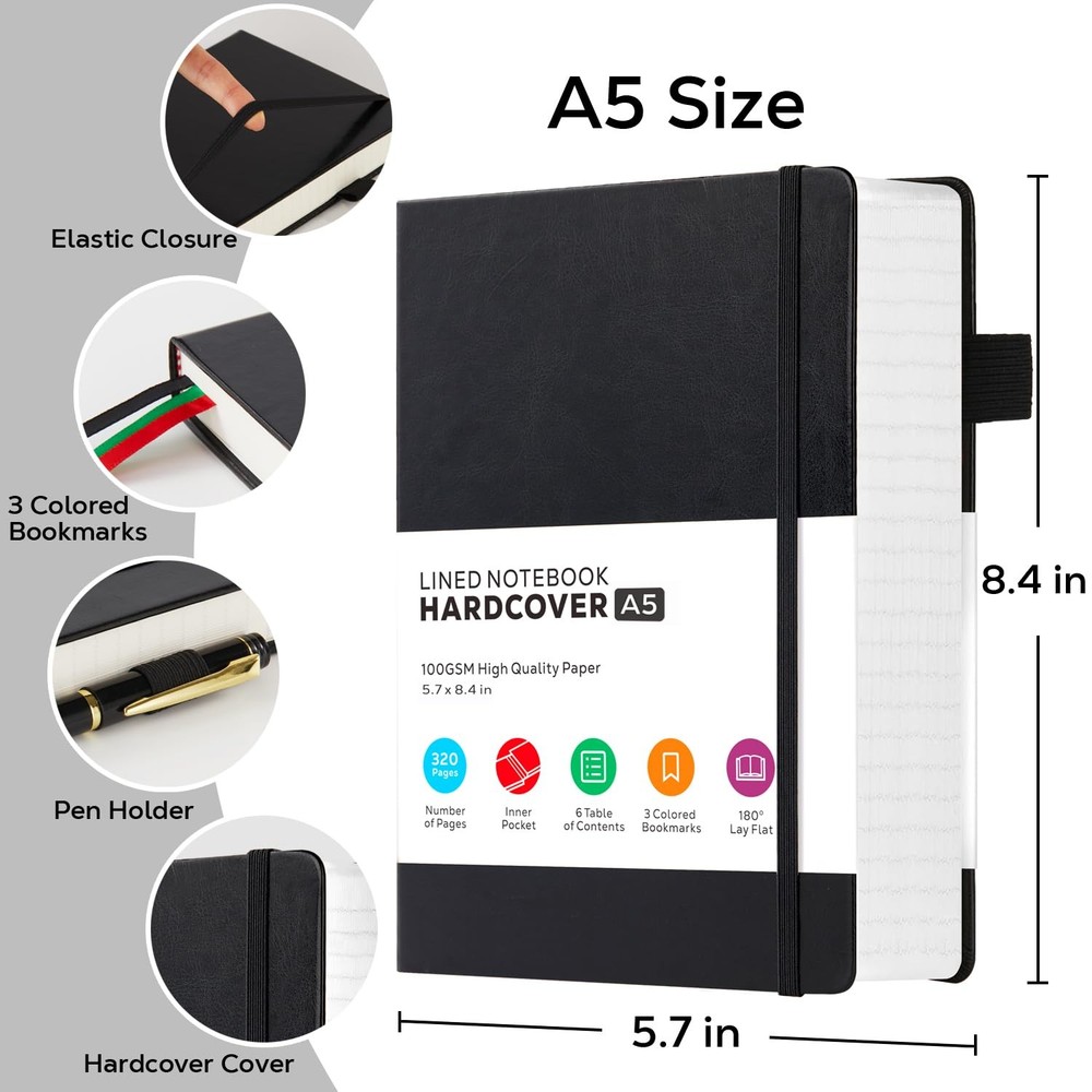 Hardcover Lined Notebook Journal for Writing, 320 Pages Leather A5, 2.Black