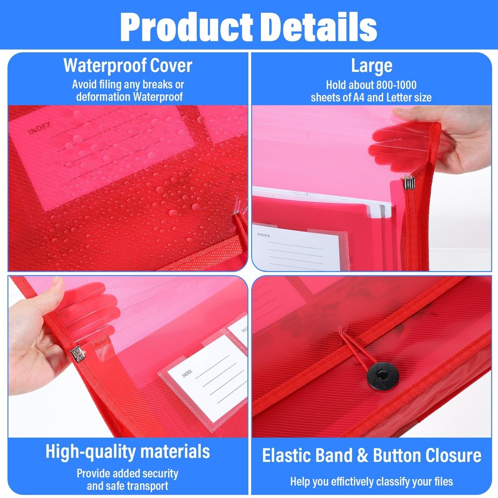 8 Pack Plastic Expanding File Wallet Document Organizer with Flap and Cord Cl...