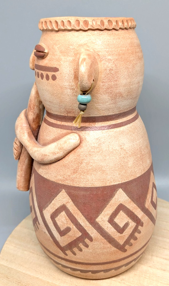 Peru Figure with Flute Pottery Vessel Signed Darby
