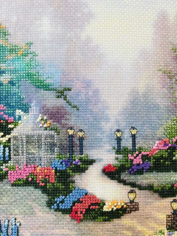 Thomas Kinkade "Beyond Spring Gate" Completed Cross Stitch Matted Framed 24”x21”