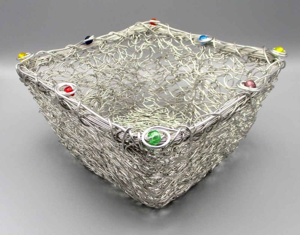 Decorative 8" Square x 4" High Wire Basket with Colored Beads