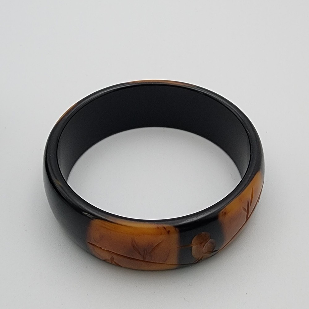 Vtg Bakelite Bangle Carved Bird On A Branch Butterscotch Black 7.5" Stackable