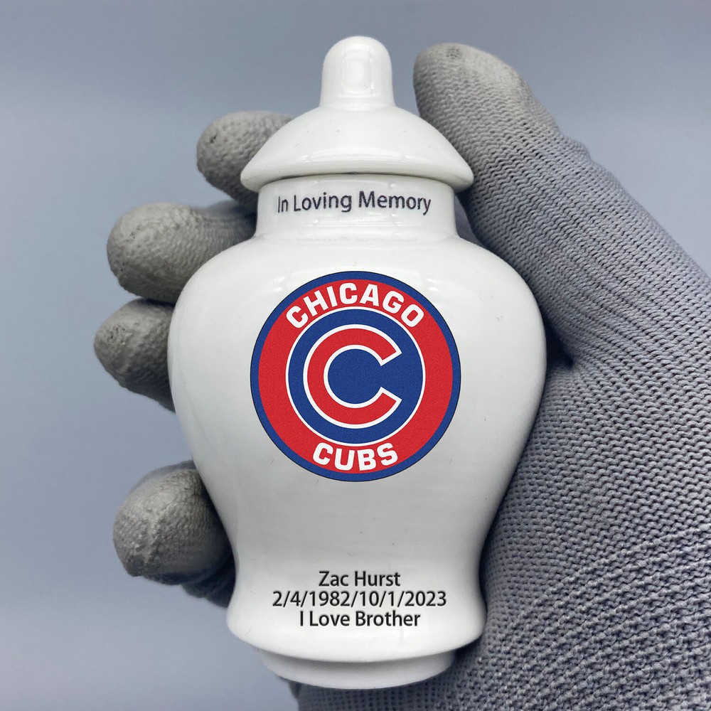 Ceramic Mini Urn for Chicago Cubs Baseball Theme, Custom Text