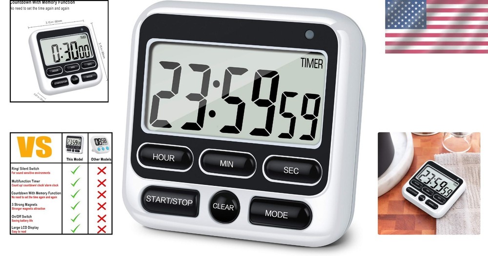 Compact Digital Cooking Timer with Memory Function & High-Volume Alert in Black