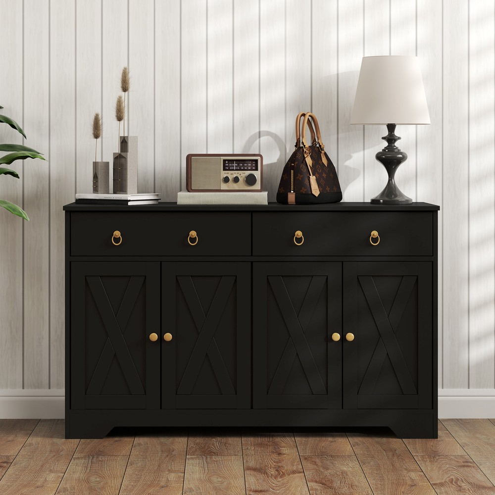 Kitchen Sideboard, Buffet Cabinet with Barn Doors, Adjustable Shelf, Black