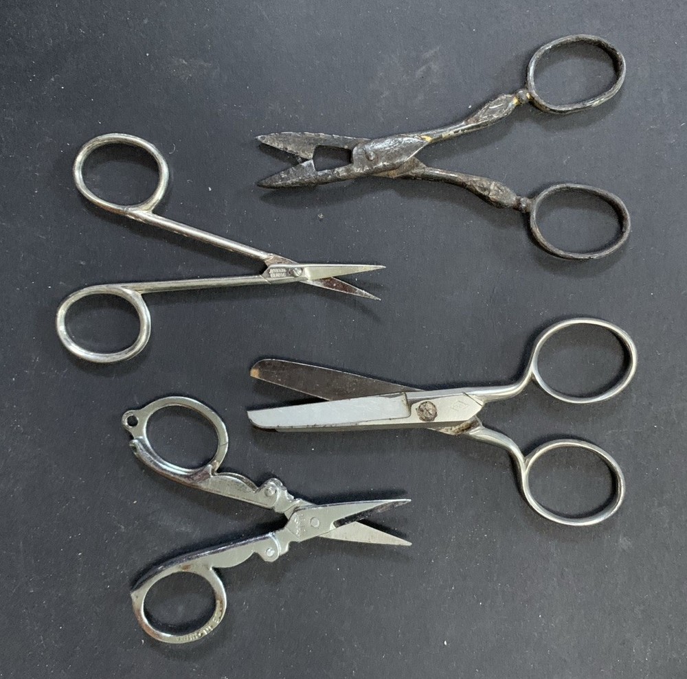 Antique Pair Sewing Scissors Lot Pinking Shears Button Hole Primitive Folding