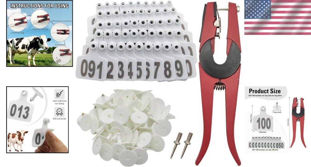 Livestock Identification Tags Kit: 100 Durable White Tags & Applicator Included