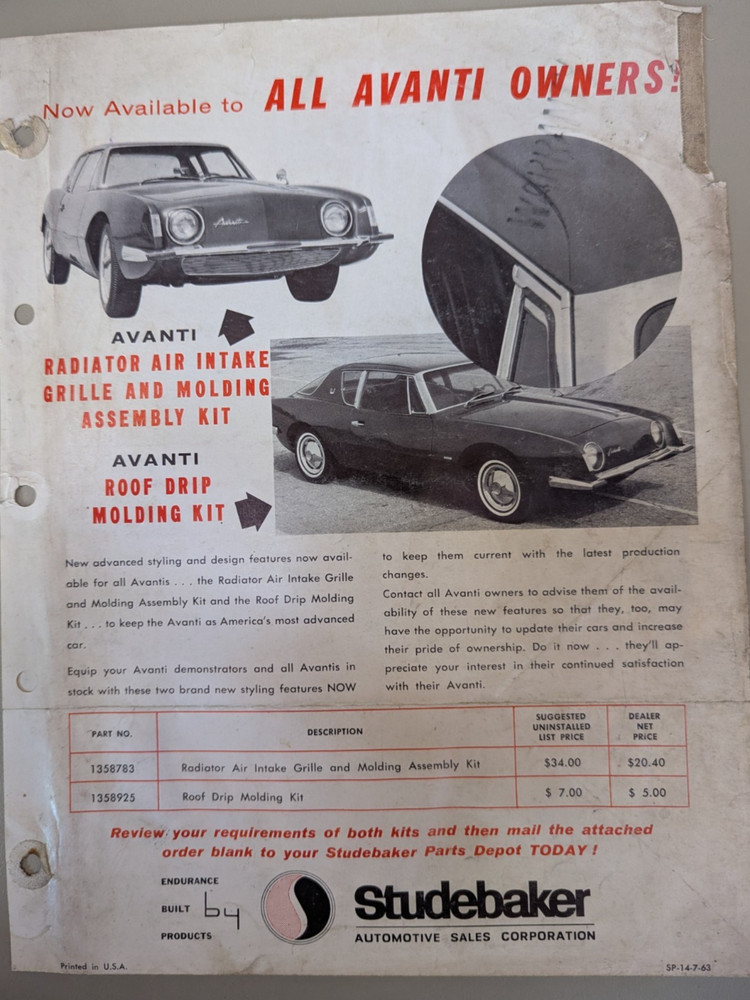 Avanti Studebaker Accessory Flyer