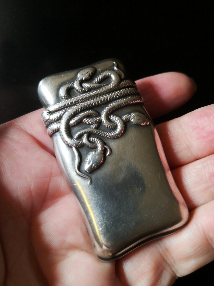 Superior Antique Coiled Snake Silver Match Safe / Vesta Case