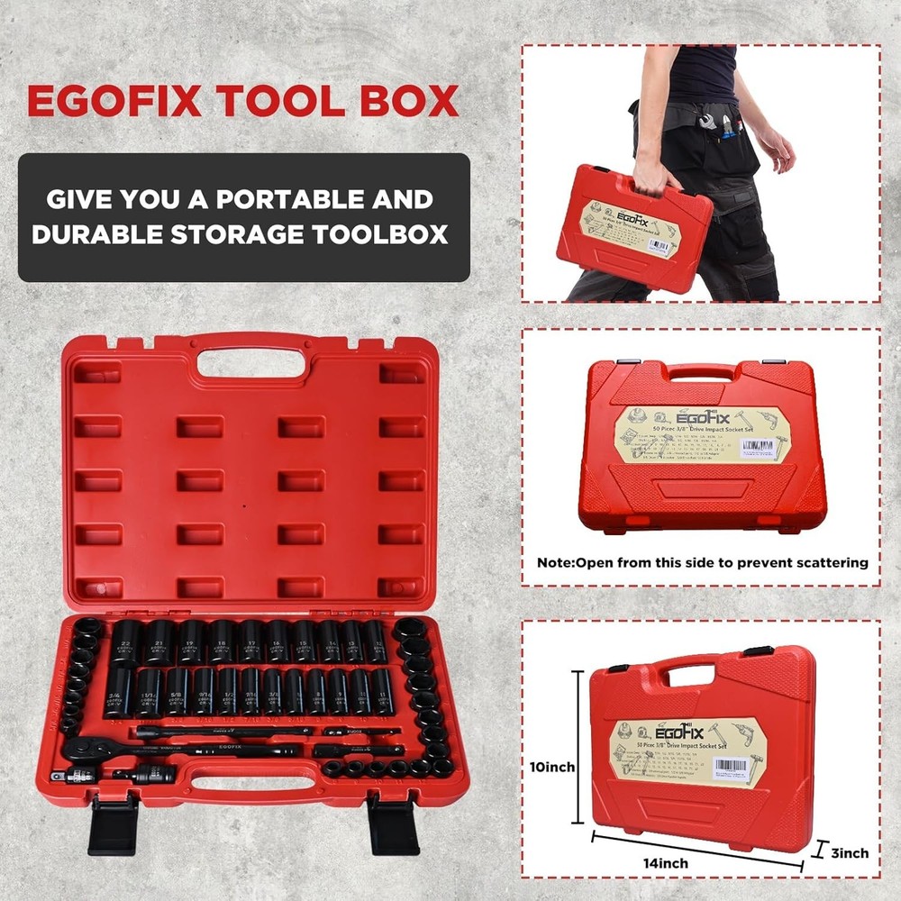 Complete 50-Piece Chrome Vanadium Socket Set with 6-Point Design & Accessories