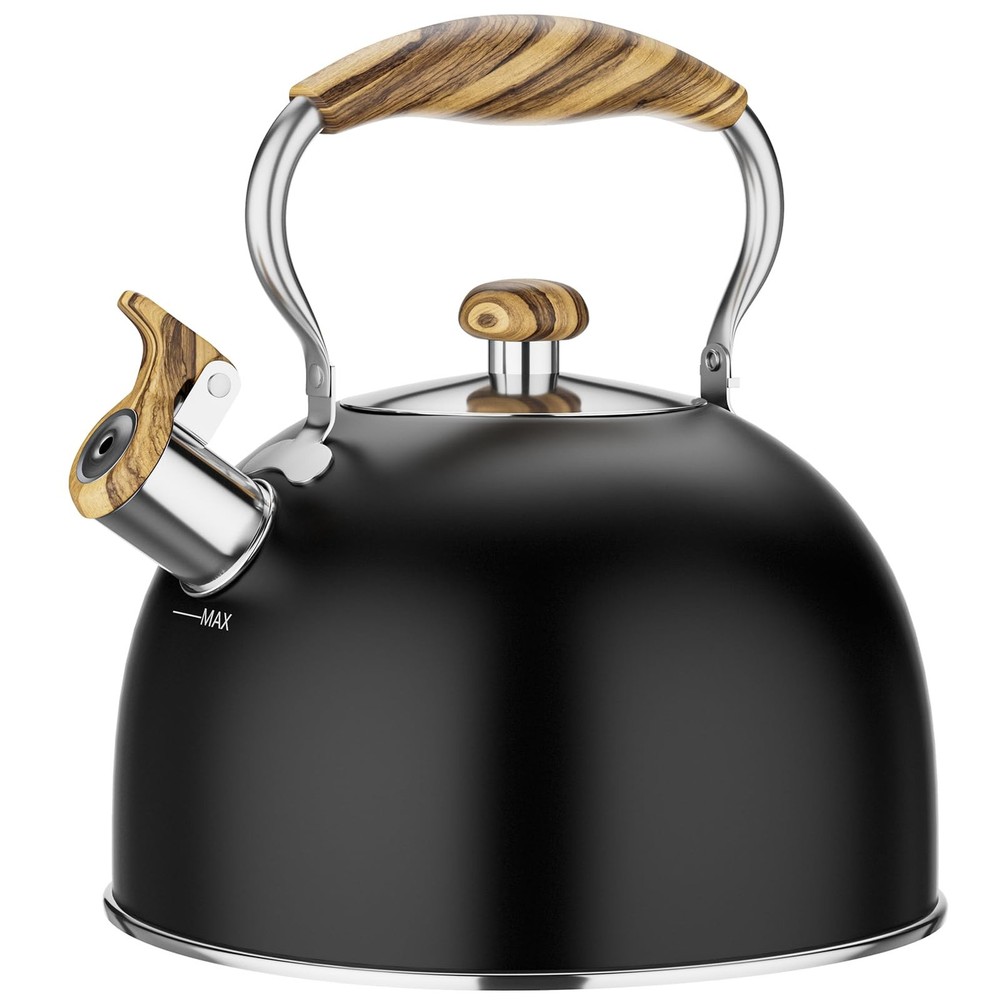 Whistling Tea Kettle 2.6 Quart with Cool Wood Pattern Handle Black Color