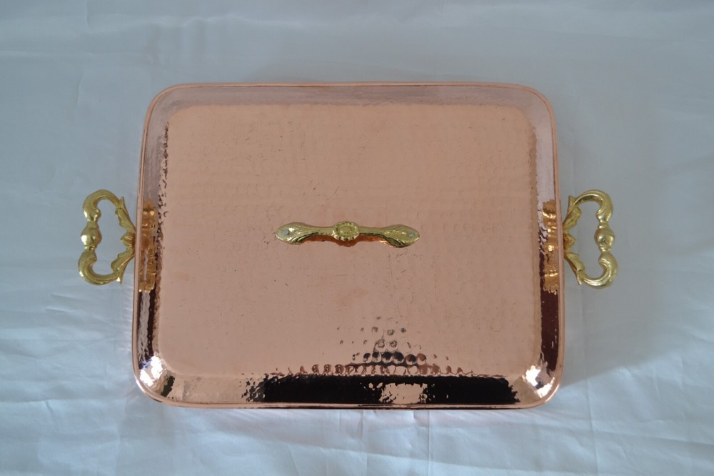 Copper Rectangular Hammered Serving Pot with Brass Handles and Lid Roaster Pan