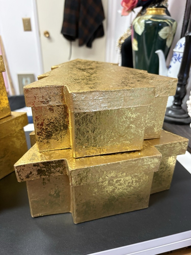 2 STAR AND 2 CHRISTMAS TREE NESTING BOXES GOLD