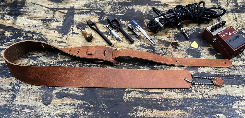 2 1/4" Wide Tan Saddle Cowhide Classic Guitar Strap