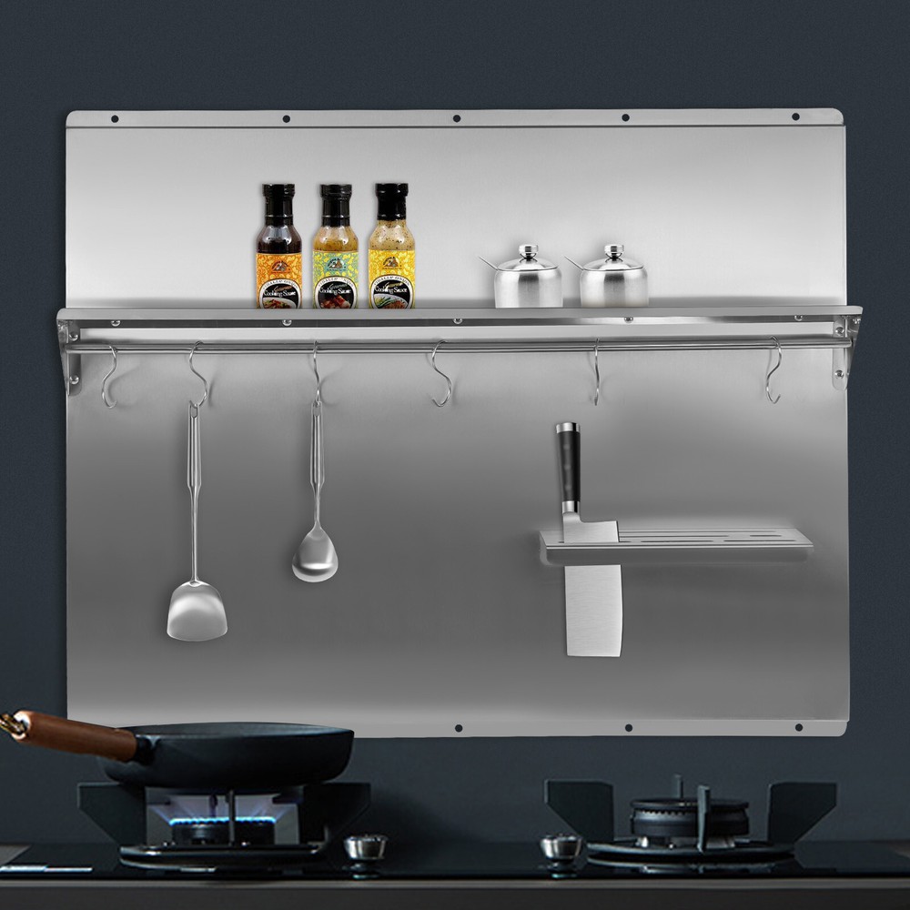 Range Backsplash Range Hood Wall Shield Splash Plate Stainless w/ Storage Shelf