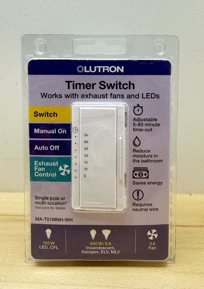 Lutron Maestro Timer Switch Single Pole/Multi-location White MA-T51MNH-WH