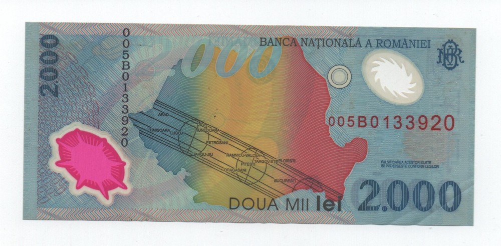 ROMANIA 2000 LEI 1999 PICK 111 POLYMER LOOK SCANS